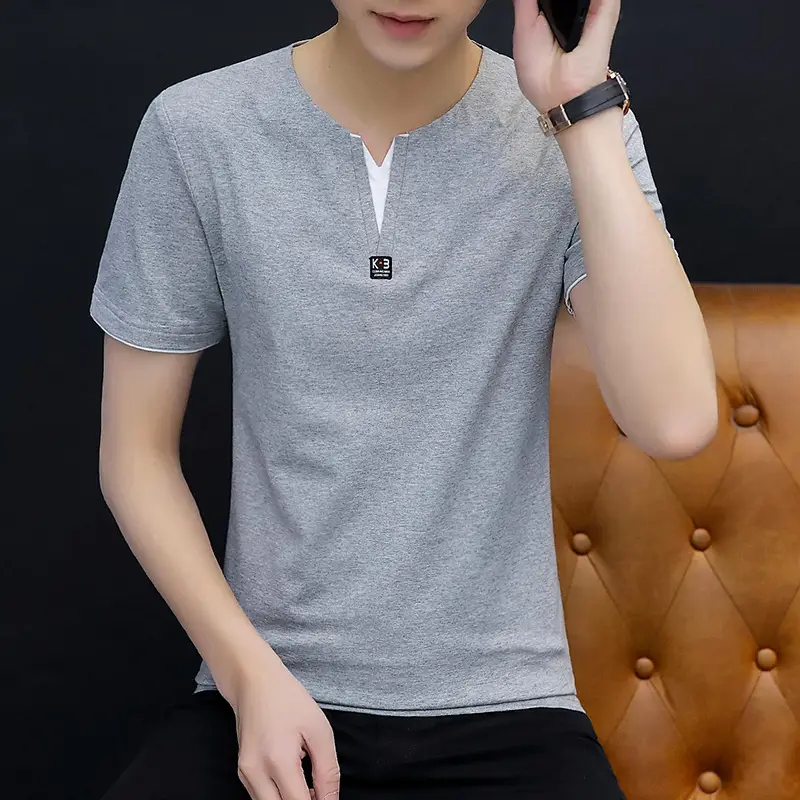 Men Cotton V-Neck Grey T-Shirt Medium - Image 9