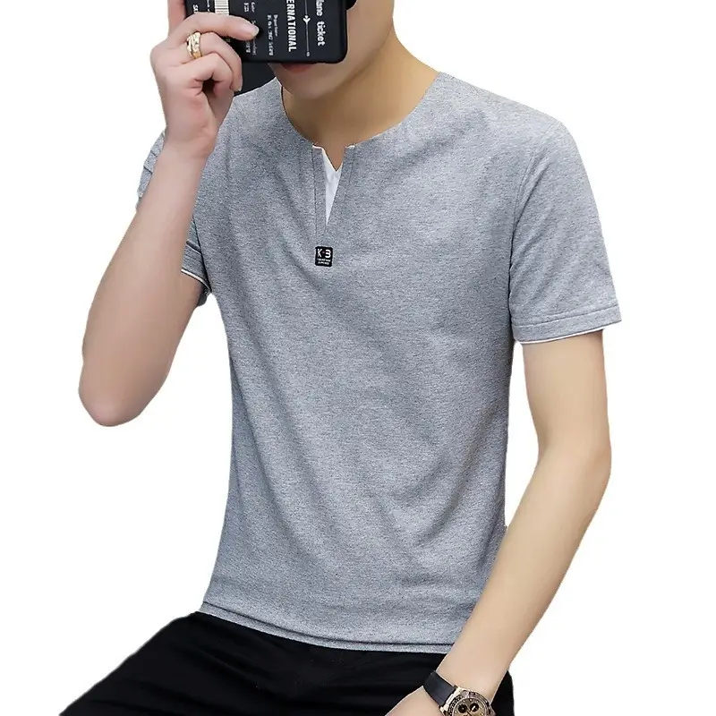 Men Cotton V-Neck Grey T-Shirt Medium - Image 10