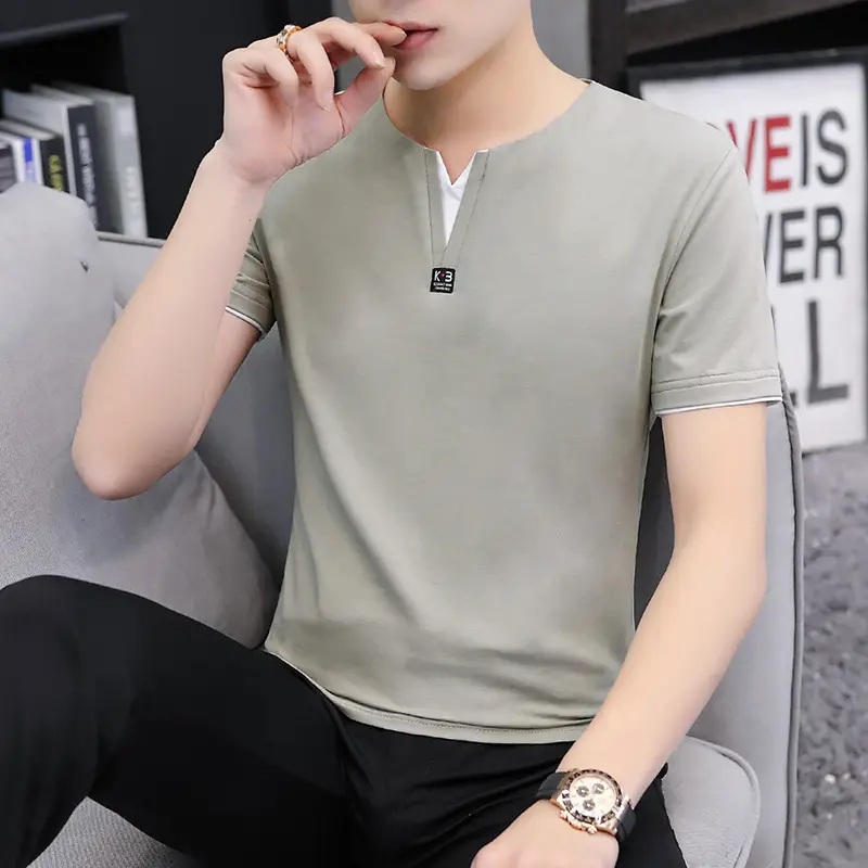 Men Cotton V-Neck Grey T-Shirt Medium - Image 2