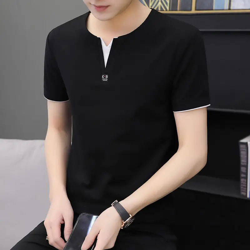 Men Cotton V-Neck Grey T-Shirt Medium - Image 4