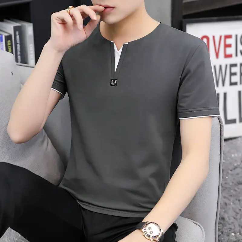 Men Cotton V-Neck Grey T-Shirt Medium - Image 5