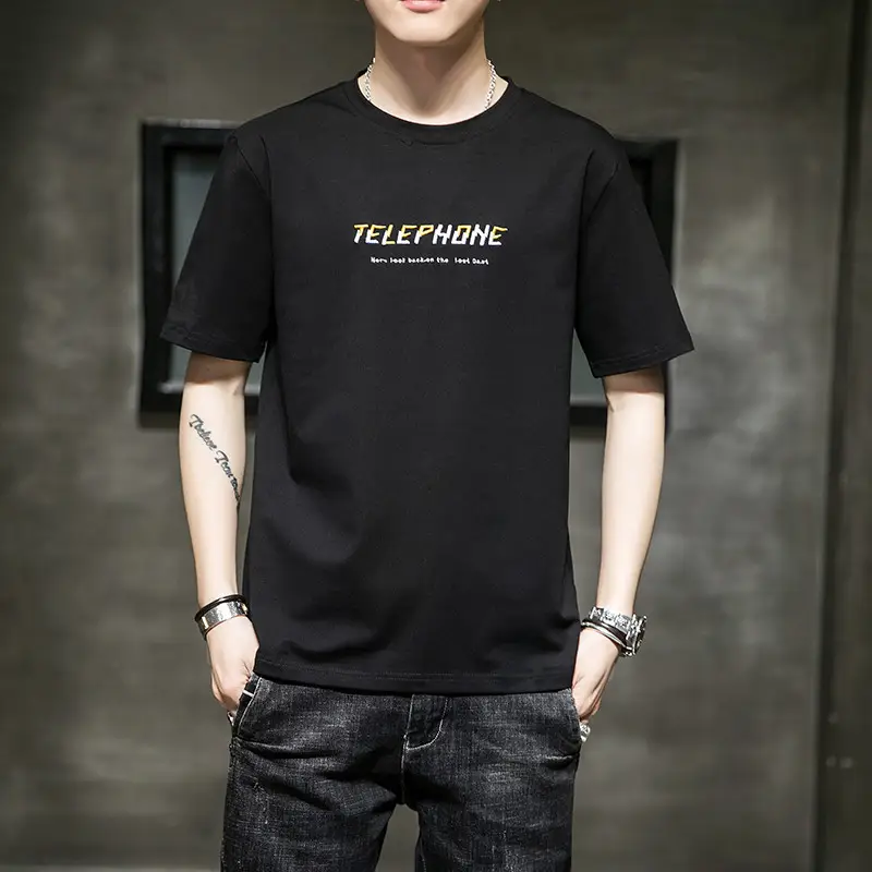 Men Black Telephone Print T-Shirt Short Sleeve Loose Fit - Image 23
