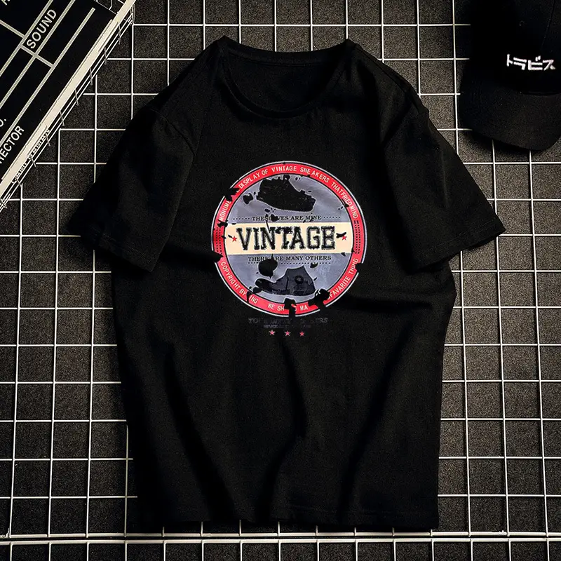 Men Black Telephone Print T-Shirt Short Sleeve Loose Fit - Image 37