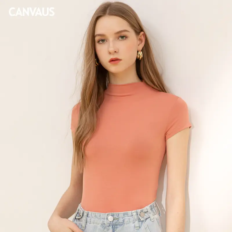 Women's Blue Modal T-Shirt Short Sleeve Semi-High Collar - Image 7