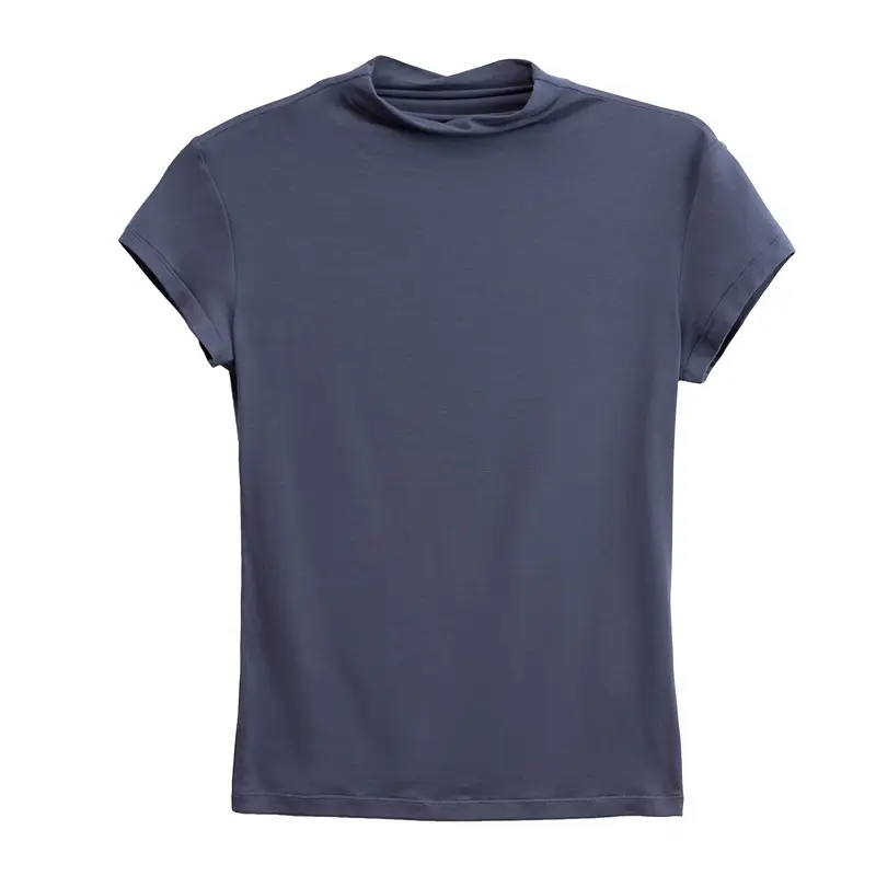 Women's Blue Modal T-Shirt Short Sleeve Semi-High Collar - Image 3
