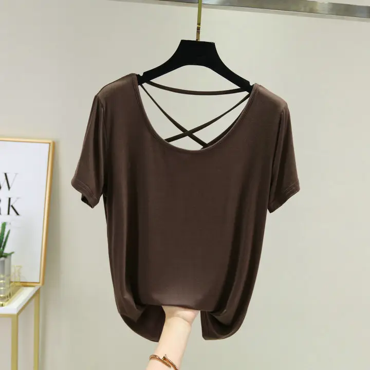 Women White Crossback T-Shirt Short Sleeve Summer - Image 9