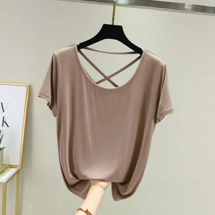 Women White Crossback T-Shirt Short Sleeve Summer - Image 2