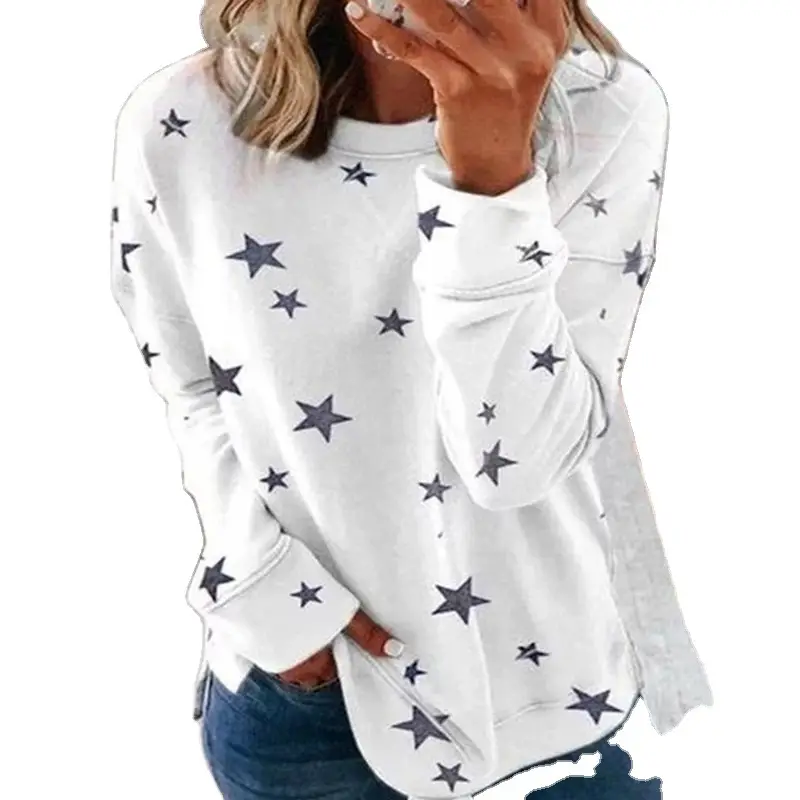 Women Star Print Long Sleeve T-Shirt White XL