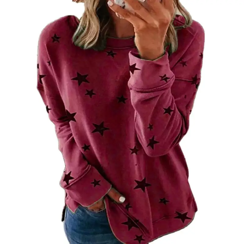 Women Star Print Long Sleeve T-Shirt White XL