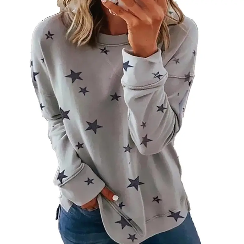 Women Star Print Long Sleeve T-Shirt White XL