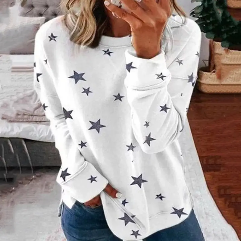 Women Star Print Long Sleeve T-Shirt White XL