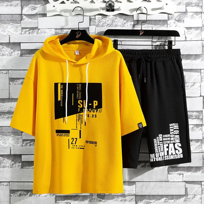 Men 2025 Summer T-Shirt & Shorts Set White Black Korean Style - Image 2