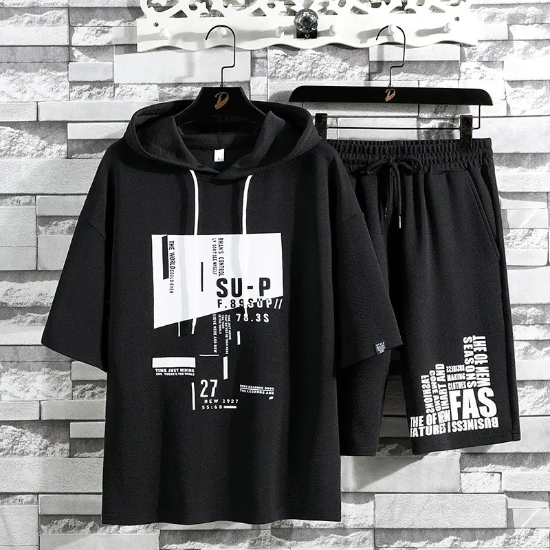 Men 2025 Summer T-Shirt & Shorts Set White Black Korean Style - Image 3
