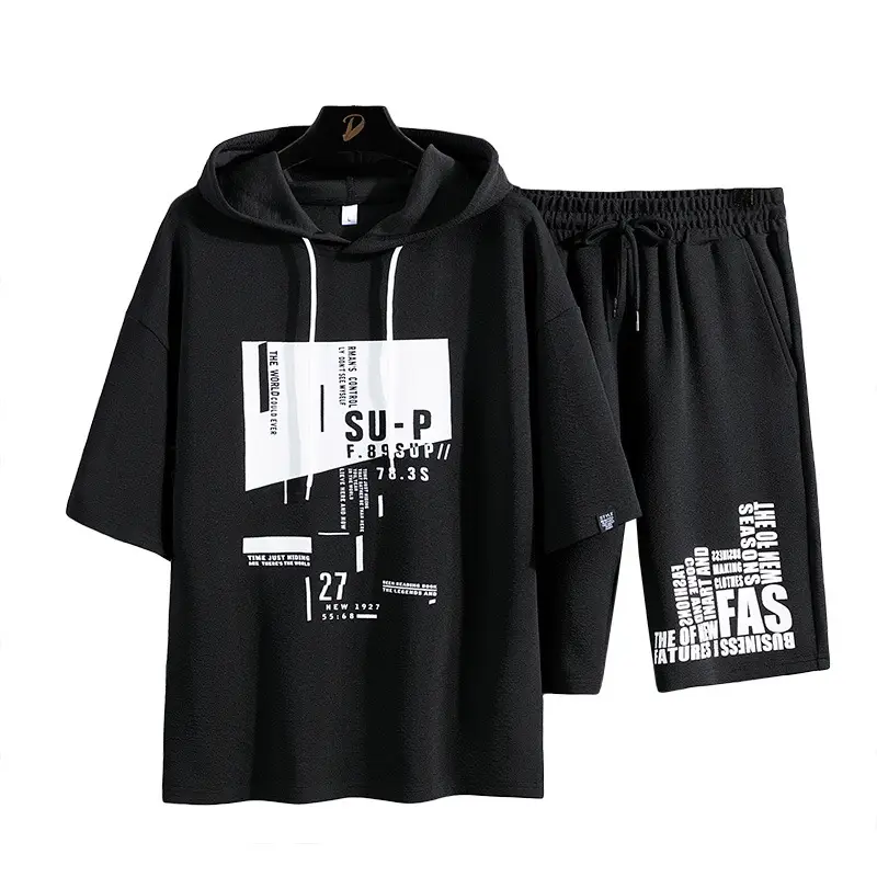 Men 2025 Summer T-Shirt & Shorts Set White Black Korean Style - Image 5