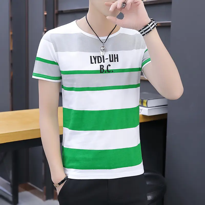 Men 2020 Summer Striped T-Shirt White Blue Gray B.C Print - Image 4
