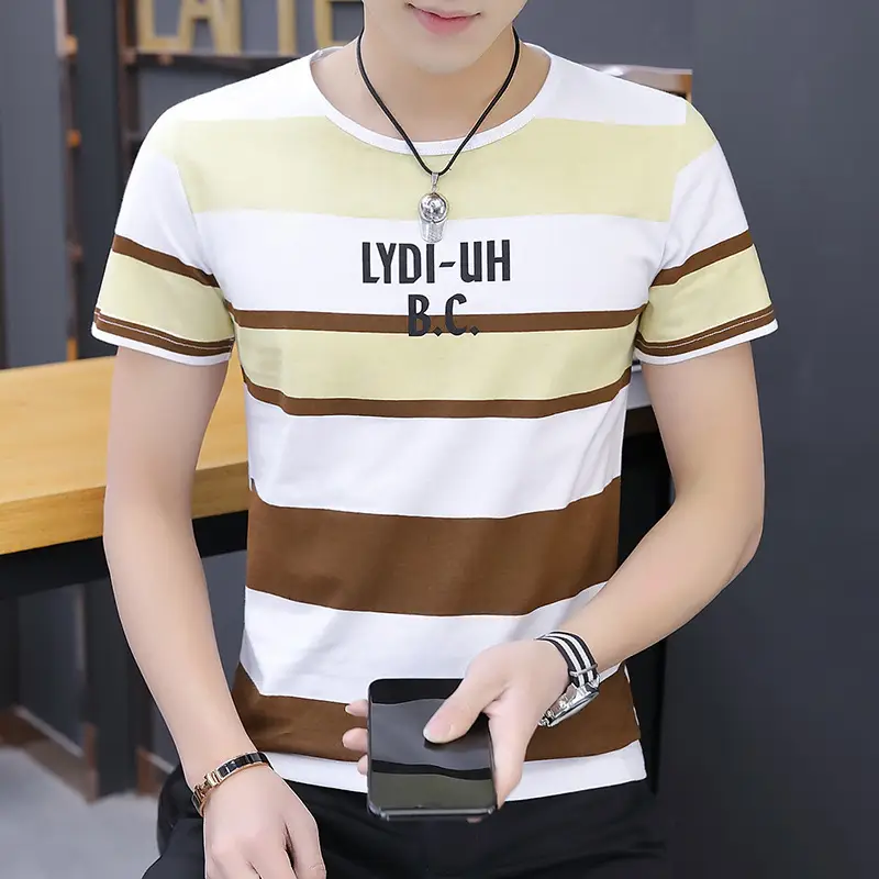 Men 2020 Summer Striped T-Shirt White Blue Gray B.C Print - Image 5