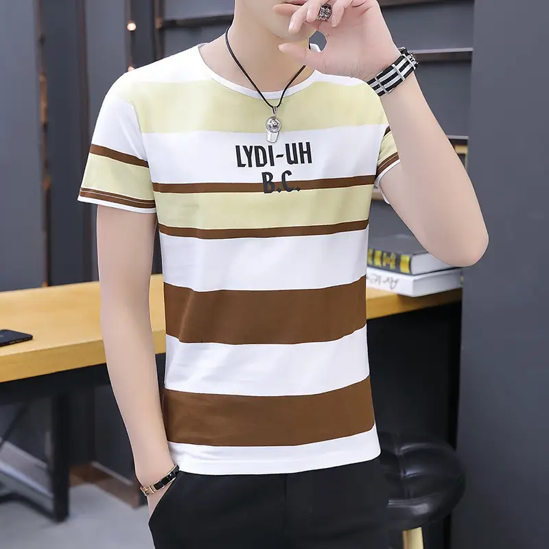 Men 2020 Summer Striped T-Shirt White Blue Gray B.C Print - Image 12