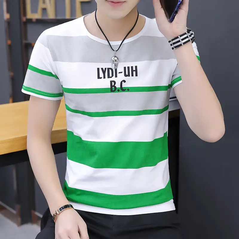 Men 2020 Summer Striped T-Shirt White Blue Gray B.C Print - Image 2