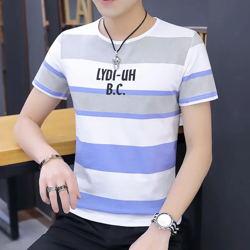 Men 2020 Summer Striped T-Shirt White Blue Gray B.C Print - Image 3