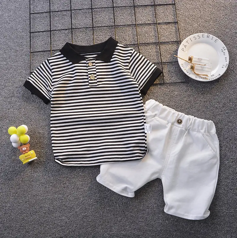 White Collared Striped T-Shirt & Shorts 2026 Boys Set - Image 2