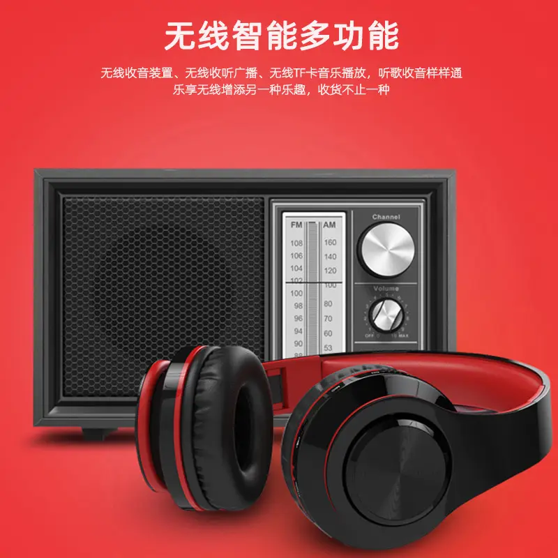 Wireless Bluetooth Headset Red Black Foldable with Heavy Bass - Image 7