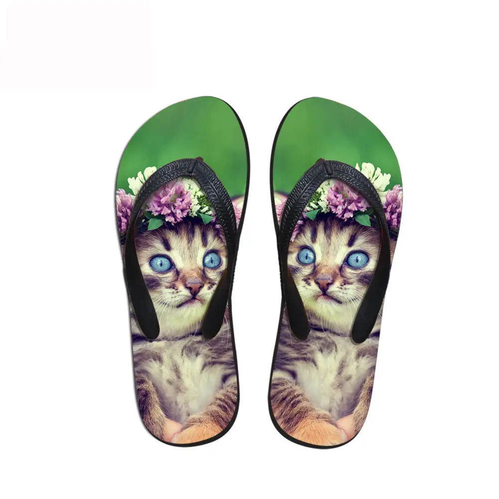 Cute Cat 3D Heat Transfer Flip Flops Green