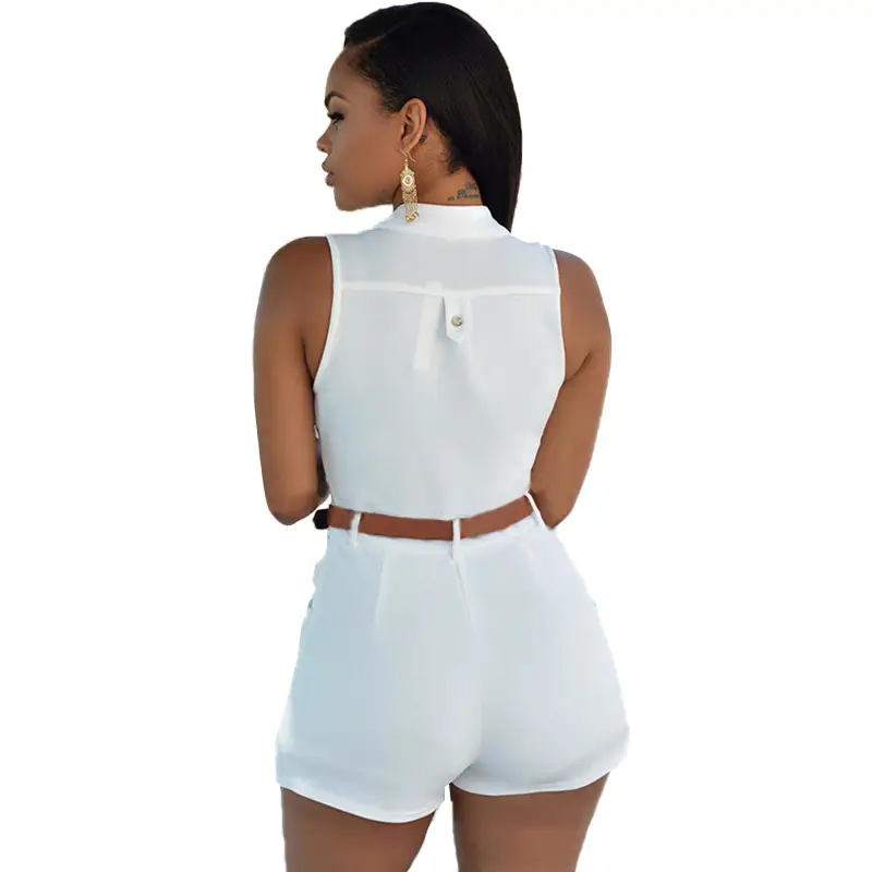 Women White Sleeveless High Waist Shorts Set