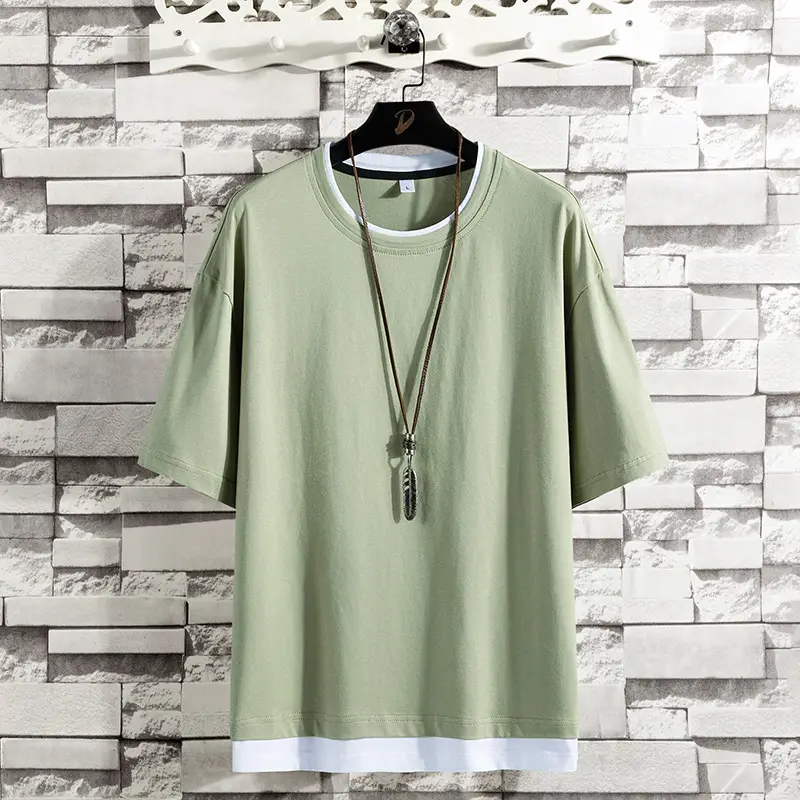 Men Green Korean Style Loose Cotton T-Shirt Half Sleeve