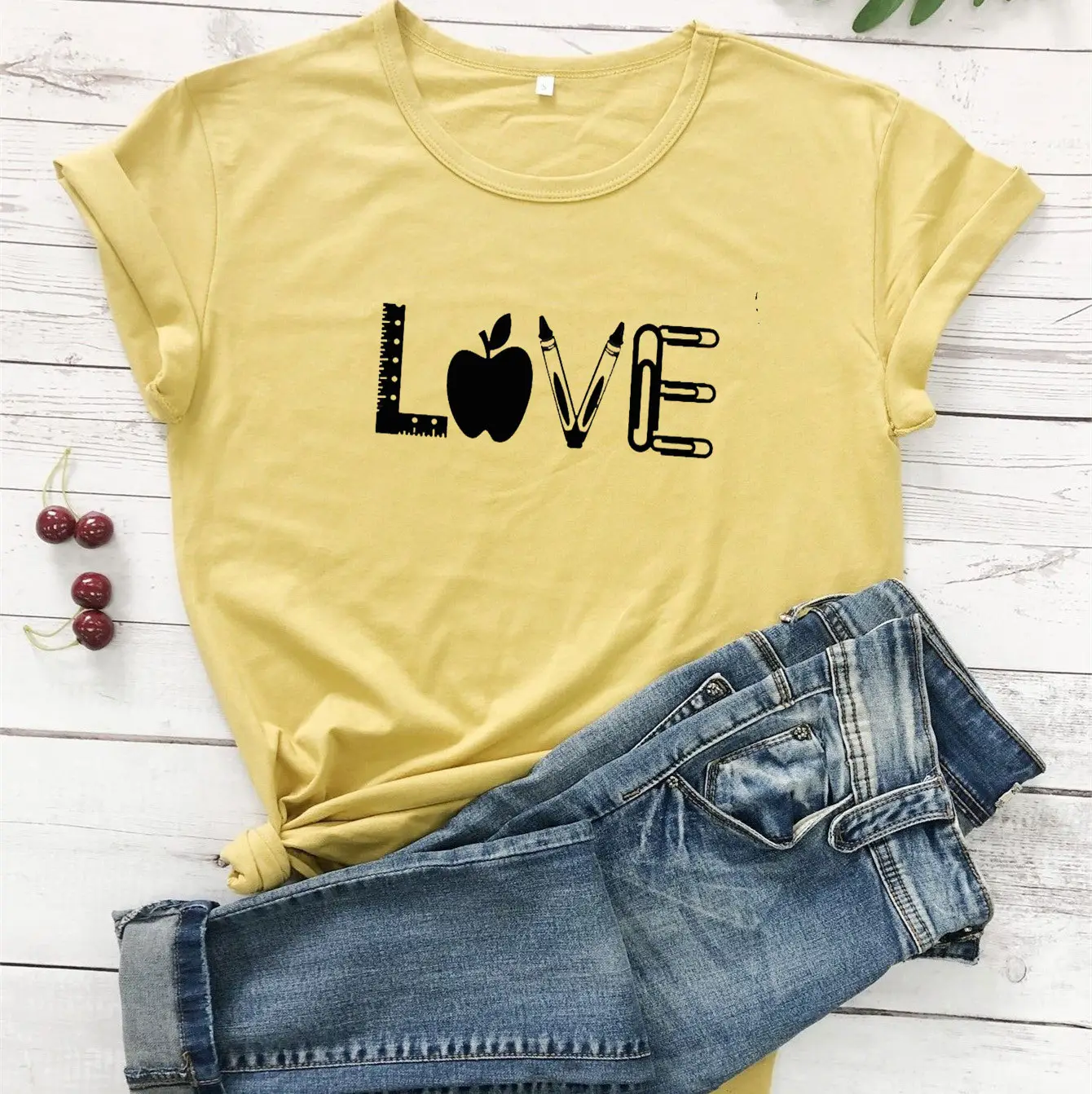 Love Apple Graphic T-Shirt Yellow Short Sleeve - Image 10