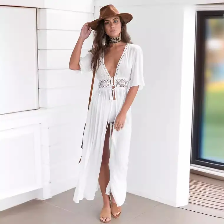White Long Lace Shawl Jacket Bikini Set for Women - Image 5