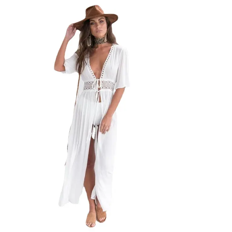 White Long Lace Shawl Jacket Bikini Set for Women - Image 7