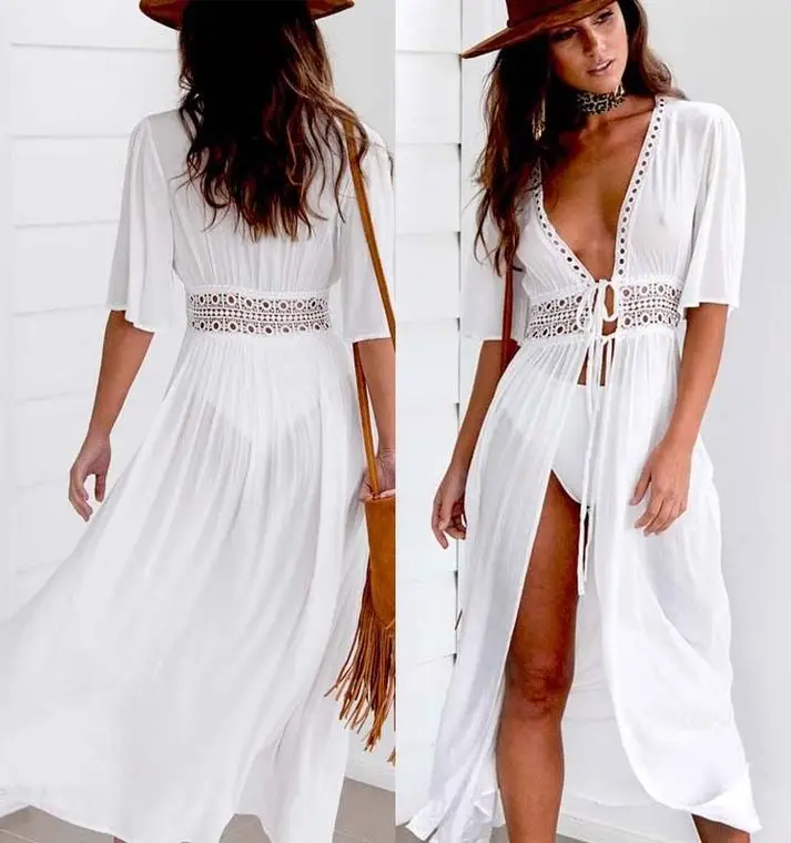 White Long Lace Shawl Jacket Bikini Set for Women — feature 5