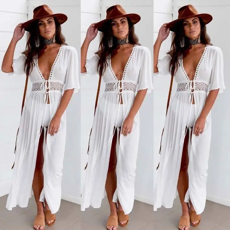 White Long Lace Shawl Jacket Bikini Set for Women — feature 6
