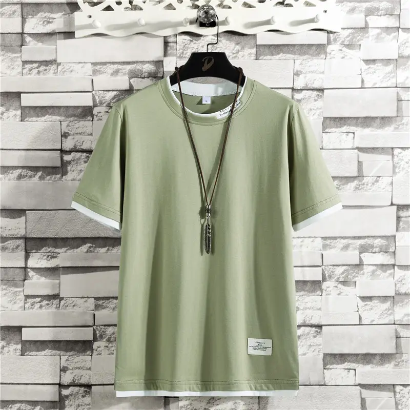 Men Summer Pure Cotton T-Shirt Green Short Sleeve - Image 4