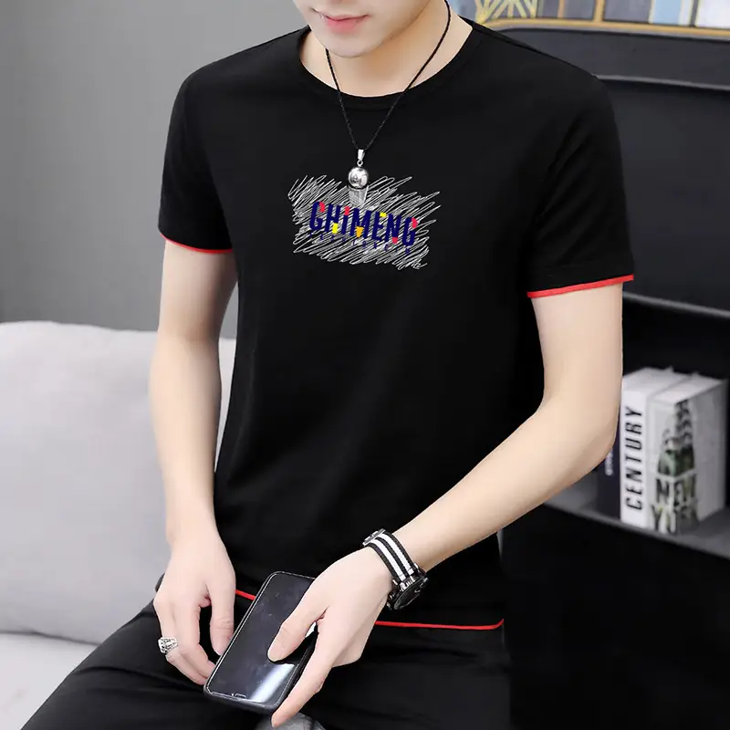 Men Printed Short Sleeve T-Shirt Black Korean Style Large - Image 15