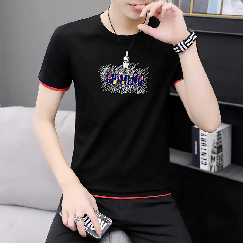 Men Printed Short Sleeve T-Shirt Black Korean Style Large - Image 2