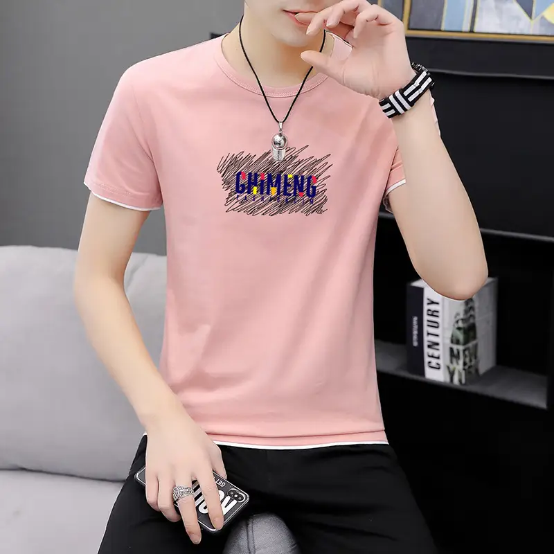 Men Printed Short Sleeve T-Shirt Black Korean Style Large - Image 4