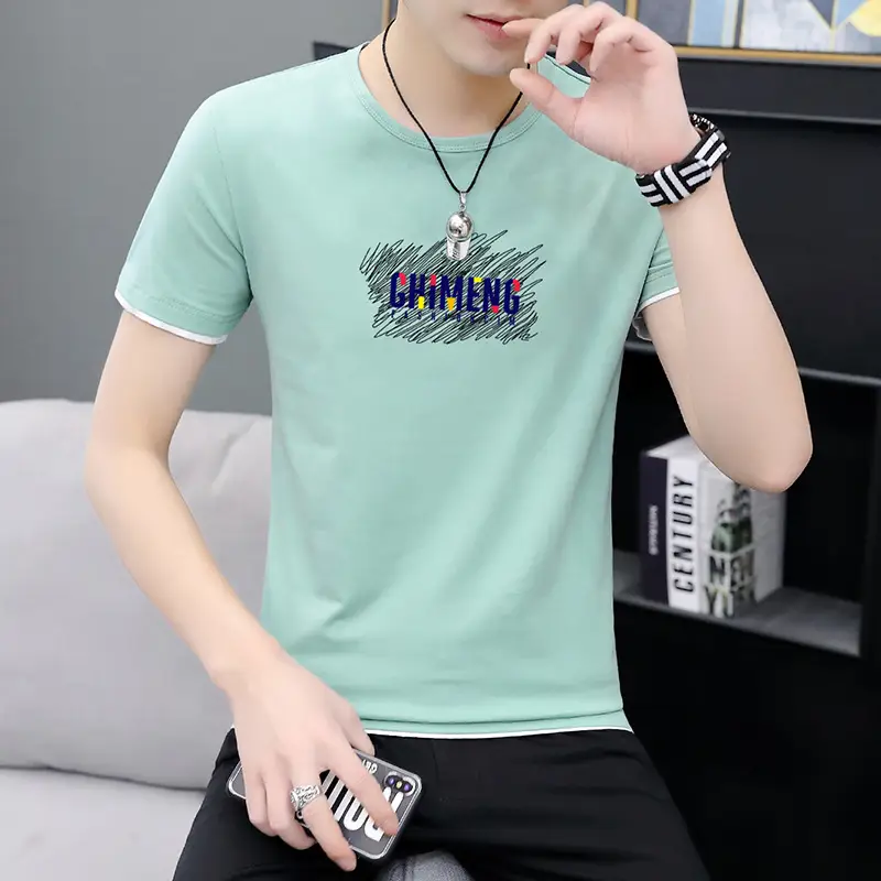 Men Printed Short Sleeve T-Shirt Black Korean Style Large - Image 6