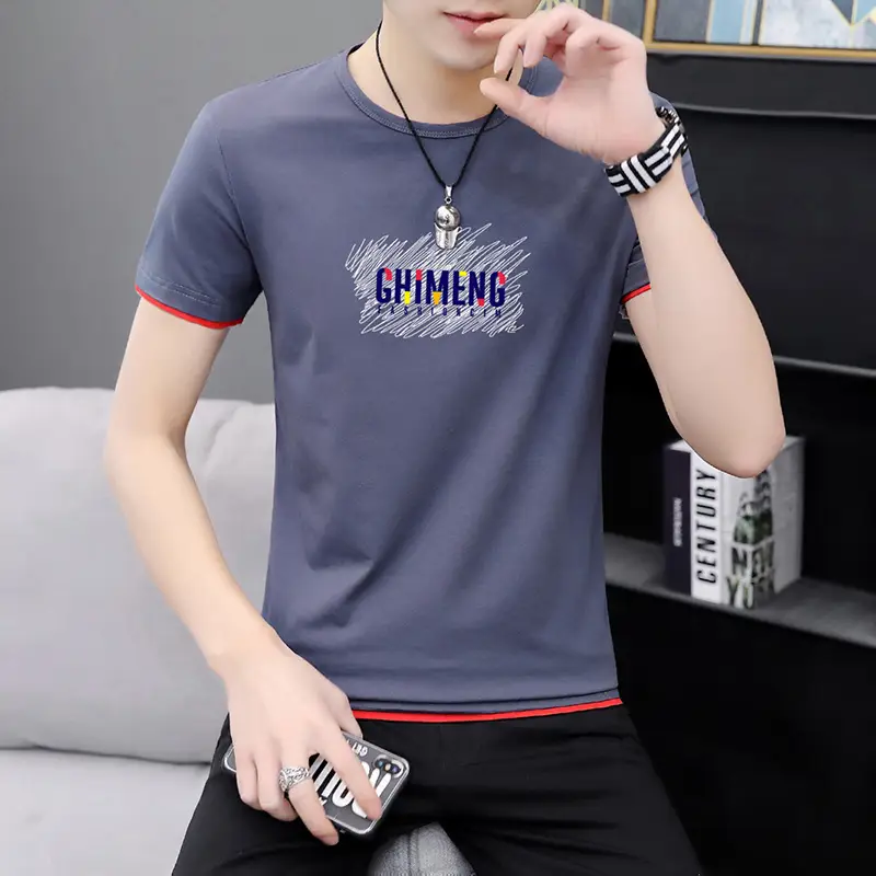 Men Printed Short Sleeve T-Shirt Black Korean Style Large - Image 7