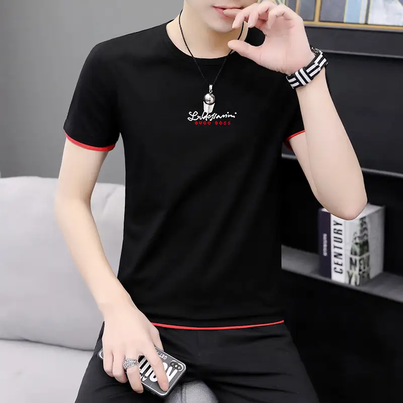 Men Printed Short Sleeve T-Shirt Black Korean Style Large - Image 9