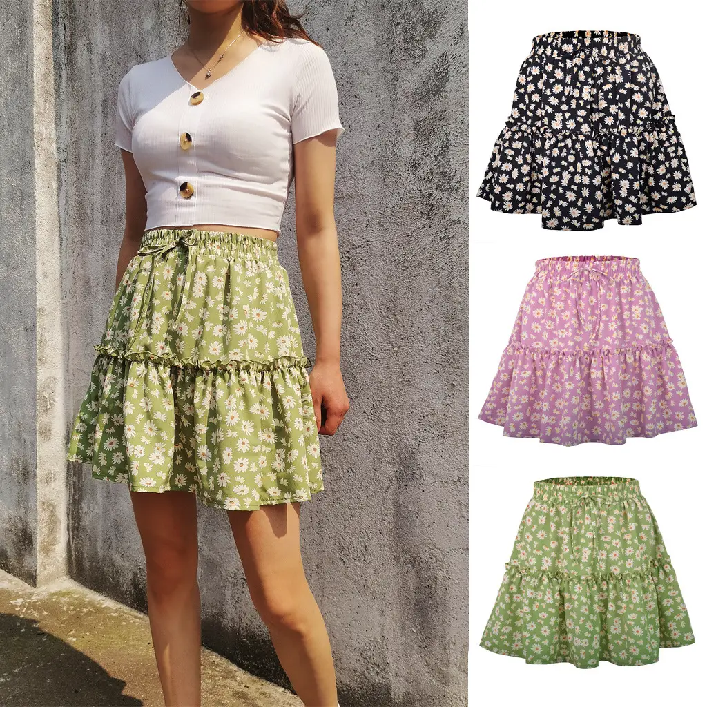 Women Floral Ruched Skirt Daisy Print Purple