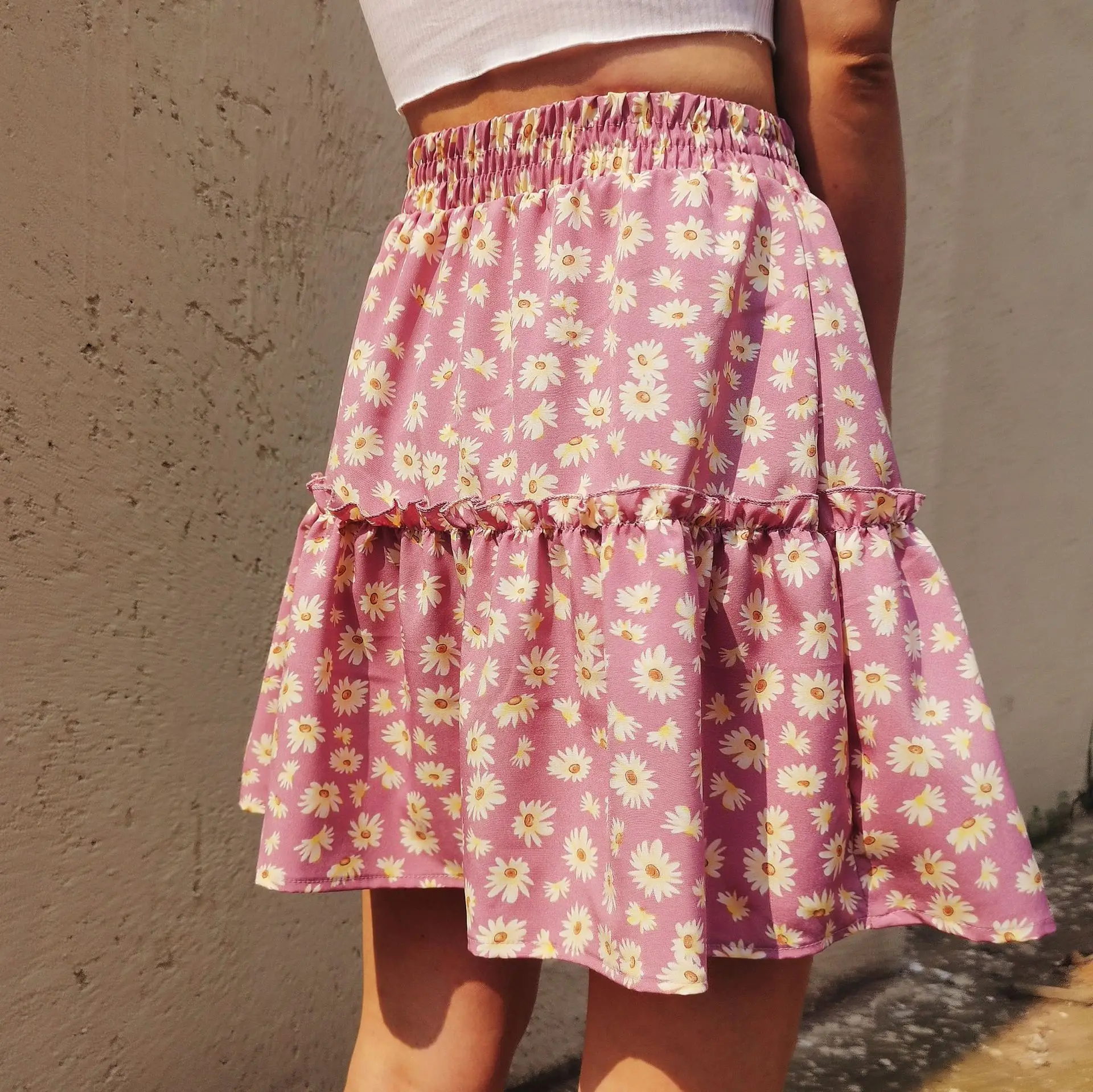 Women Floral Ruched Skirt Daisy Print Purple