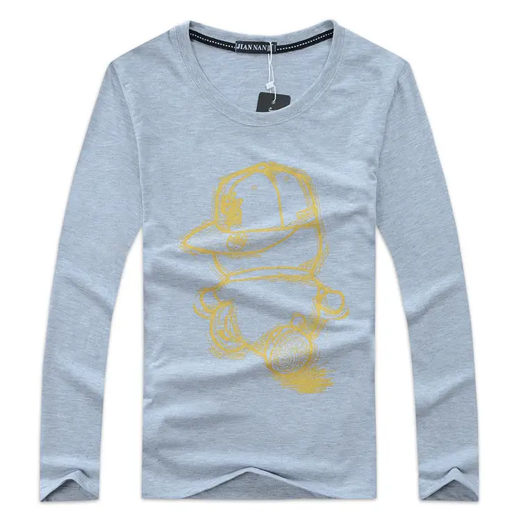Men's Light Blue Long Sleeve T-Shirt with Cartoon Hat Graphic