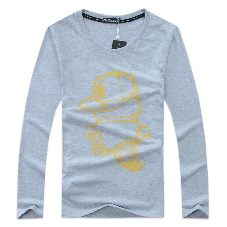 Men's Light Blue Long Sleeve T-Shirt with Cartoon Hat Graphic