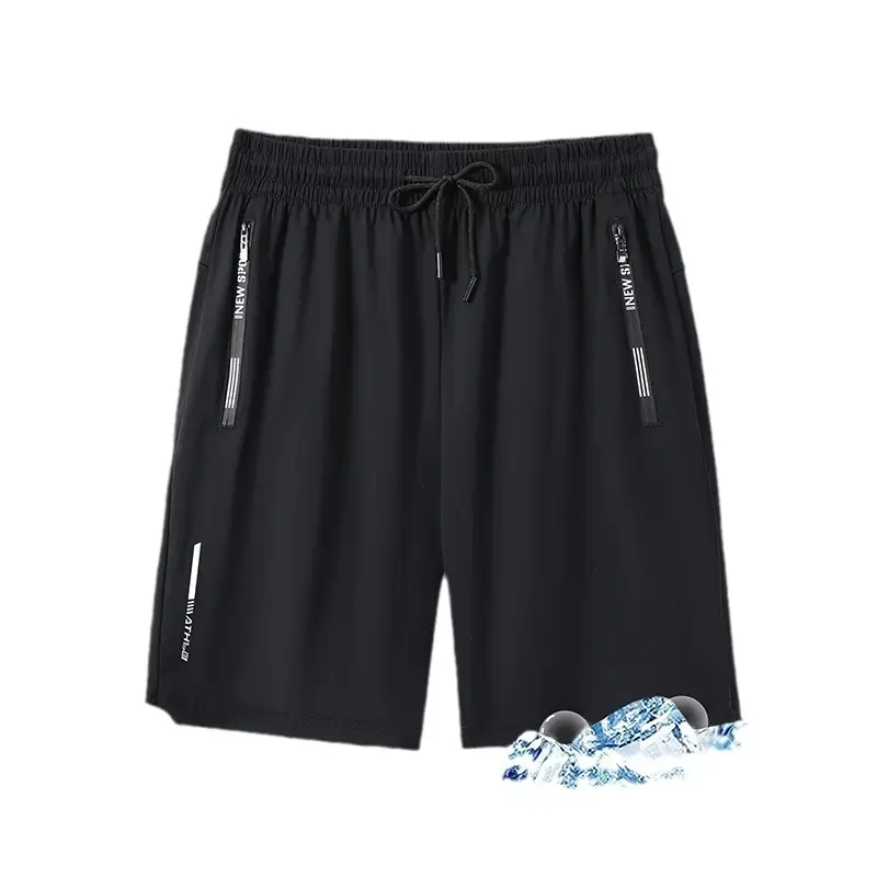 Men Ice Silk Shorts Black Large Stretchable Beach Pants