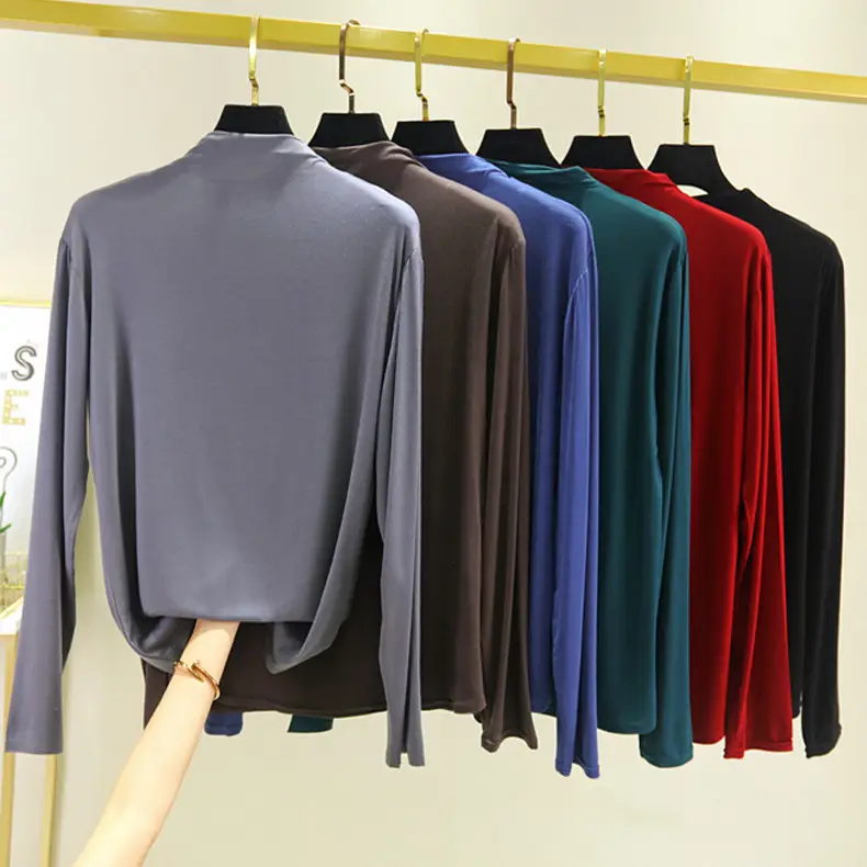 Women's Teal Long Sleeve T-Shirt with Half-Collar Design - Image 12
