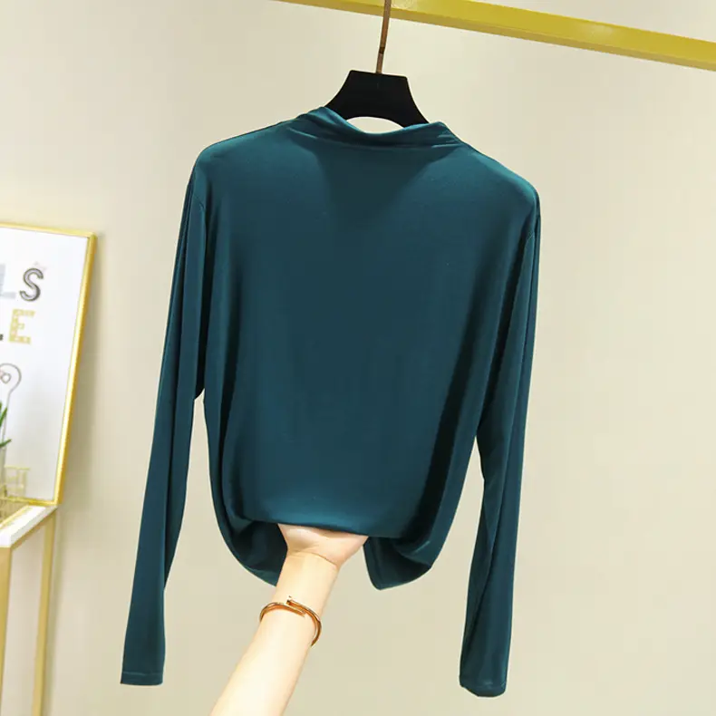 Women's Teal Long Sleeve T-Shirt with Half-Collar Design - Image 5