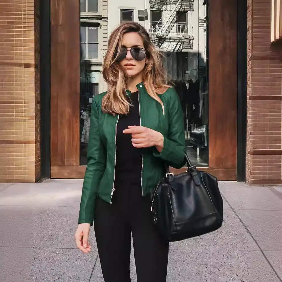Women's Black Leather Jacket with Tote Bag - Image 15