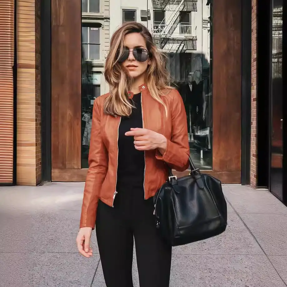 Women's Black Leather Jacket with Tote Bag - Image 16