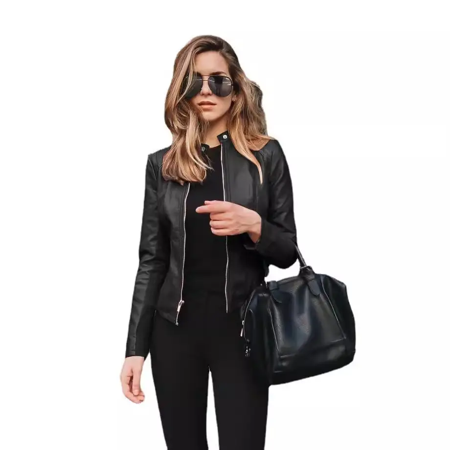 Women's Black Leather Jacket with Tote Bag - Image 17